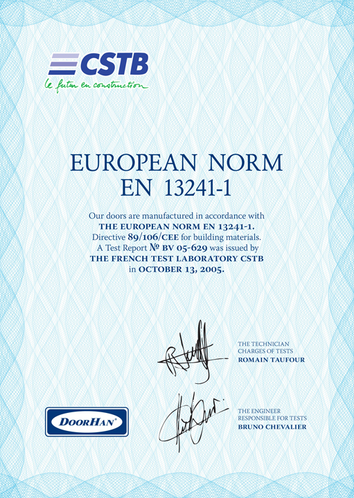 Сертификат соответствия европейским нормам продукции Doorhan